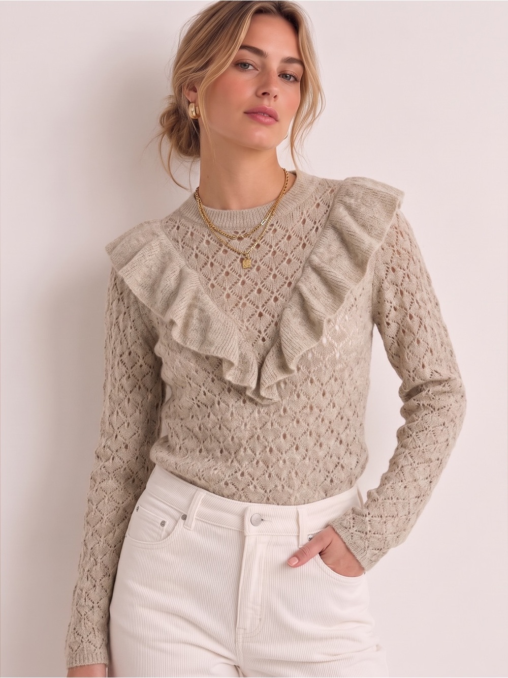 NWT AMERICAN EAGLE Ruffle Pointelle Knit Sweater